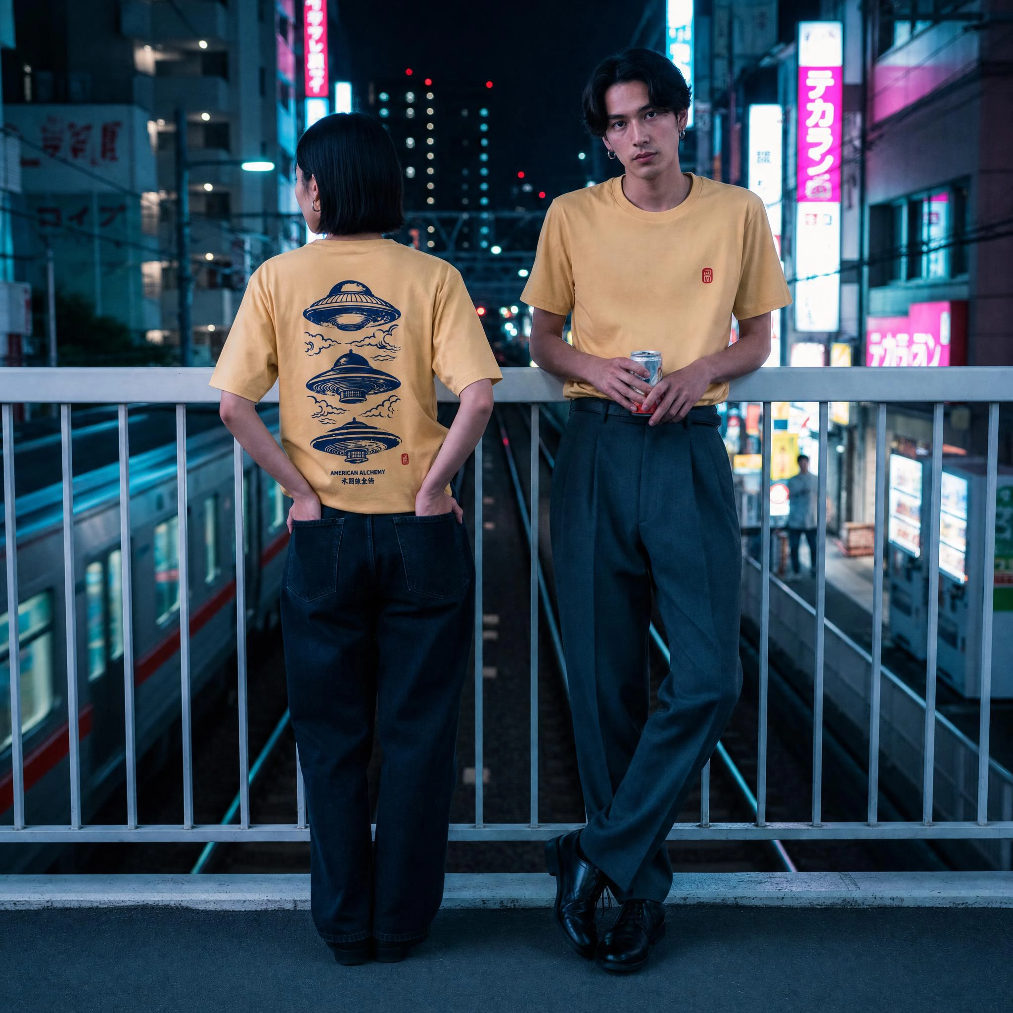 Model wearing the faded mustard Fukushima Prefecture tee