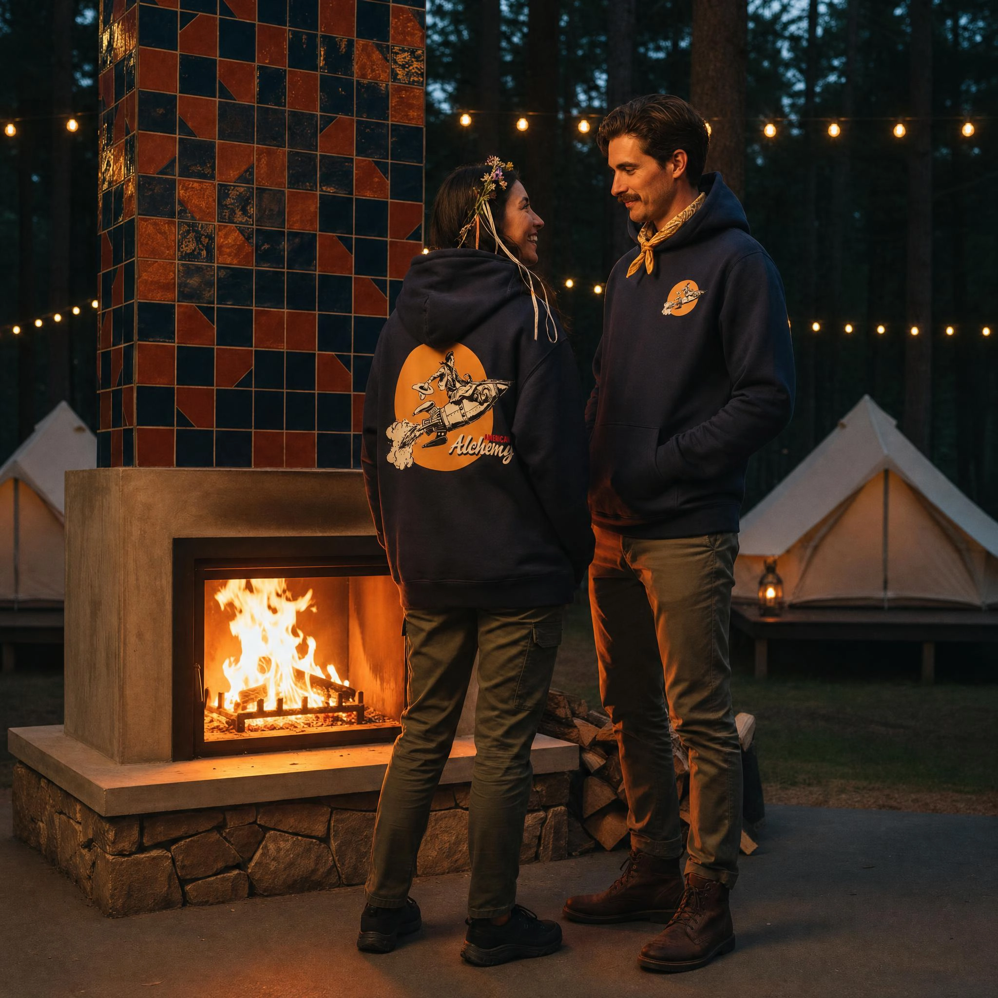 Model wearing the navy Iron Horse hoodie