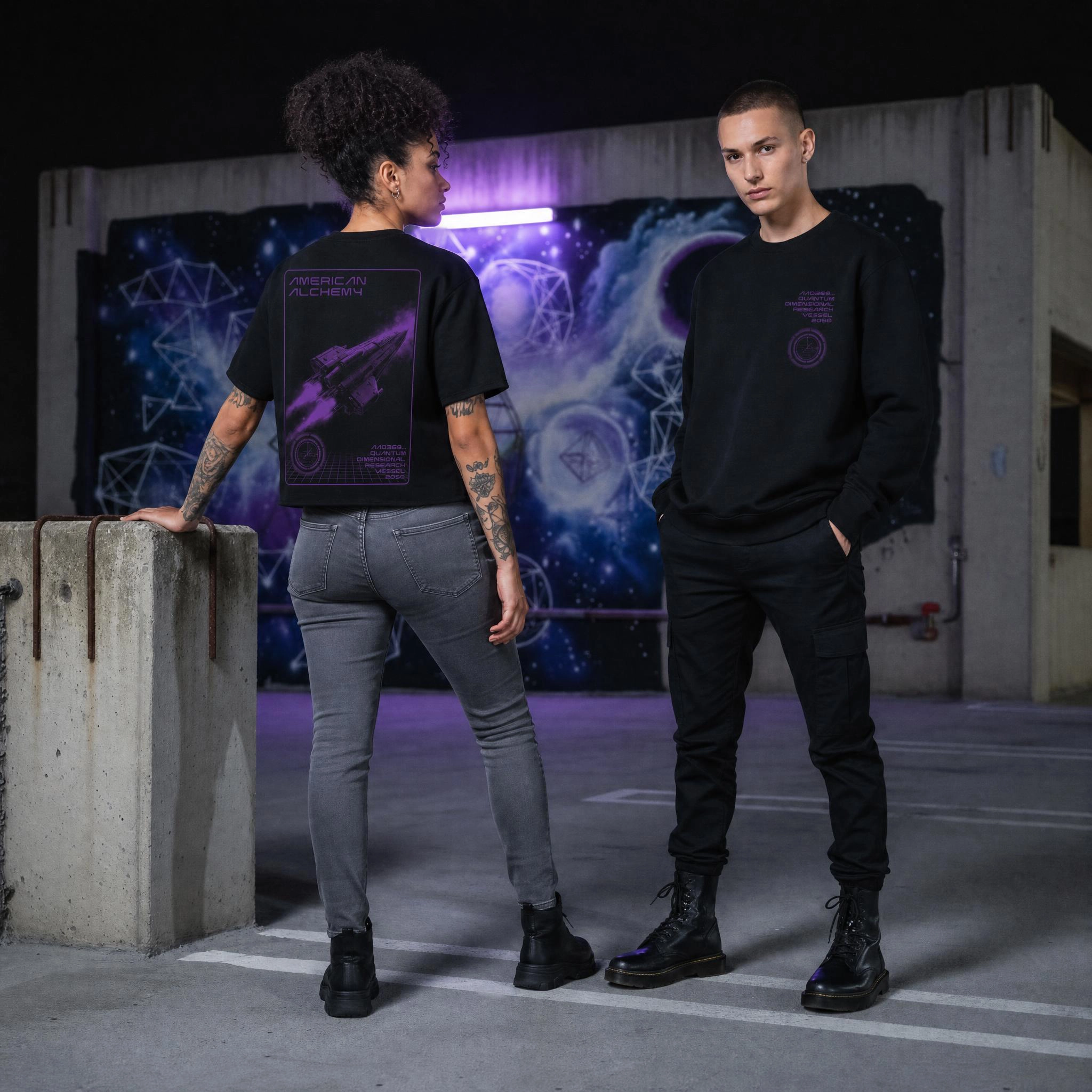 Model wearing the black Quantum crew sweatshirt